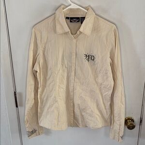 Harley Davidson beige long sleeve button down embroidered shirt Size Large